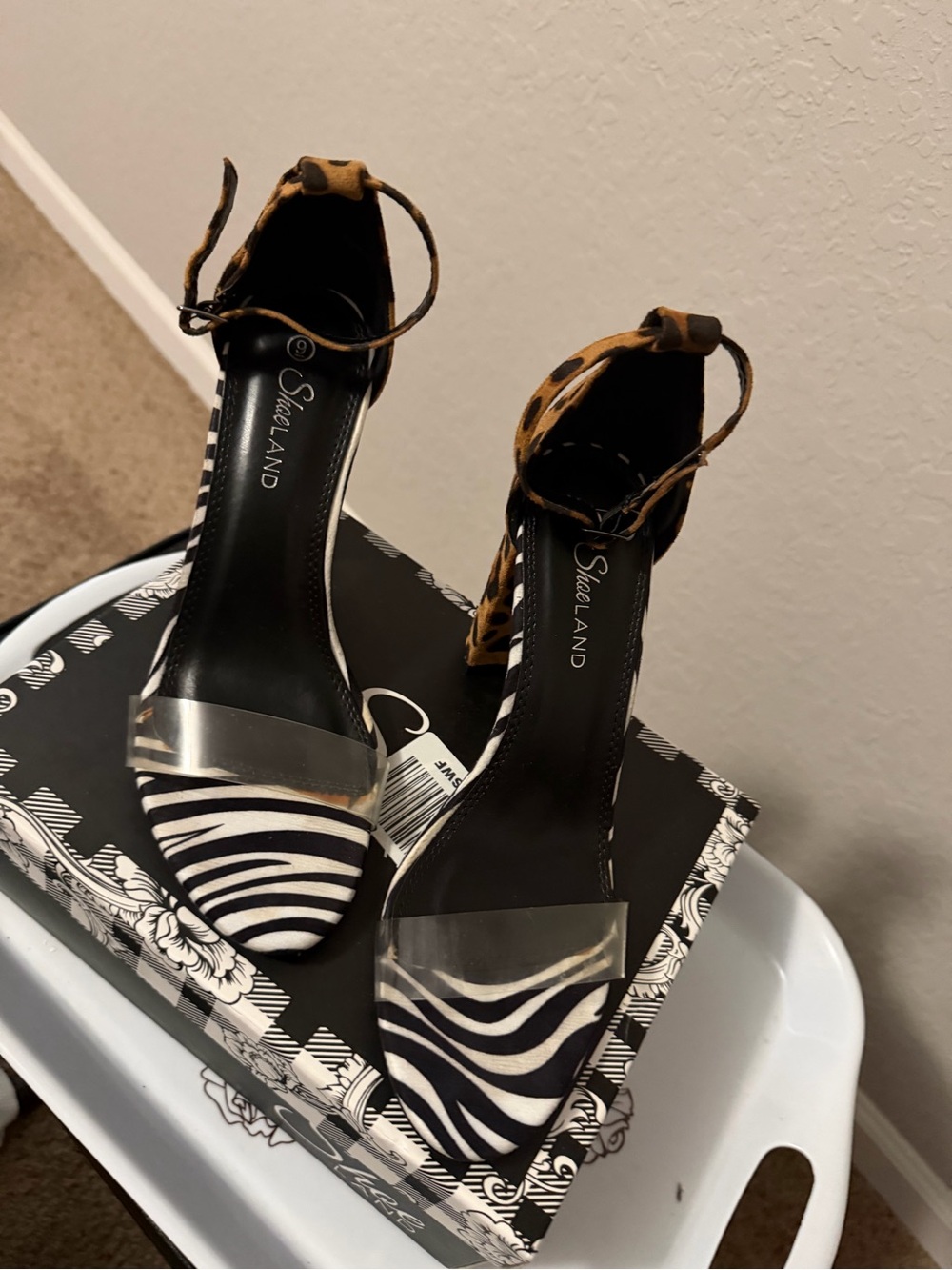 Shealand Zebra Print Open-Toe Ankle-Tie Heels in Black & Brown